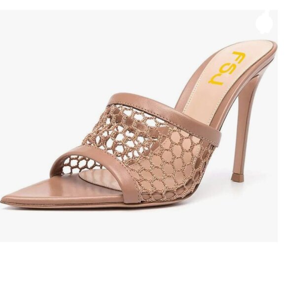 FSJ Tan Mesh High Heel Sandals Mules Peep Toe Slide Slip On Summer Dress Shoes - Picture 1 of 8